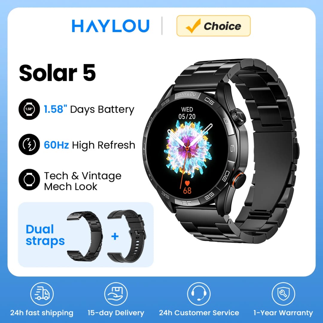 ساعة HAYLOU Solar 5 الذكية للمكالمات الصوتية بشاشة AMOLED مقاس 1.58 بوصة ومعدل تحديث 60 هرتز، مع مراقبة صحية على مدار 24 ساعة وساعة رياضية للرجال