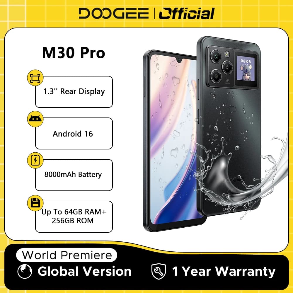الإصدار العالمي لهاتف DOOGEE M30 Pro الذكي بشاشة خلفية 1.3 بوصة وبطارية 8000 مللي أمبير وشاشة 6.88 بوصة وذاكرة رام 8 جيجابايت وذاكرة داخلية 256 جيجابايت ومعالج Gemini Al ونظام أندرويد 16 وتقنية NFC