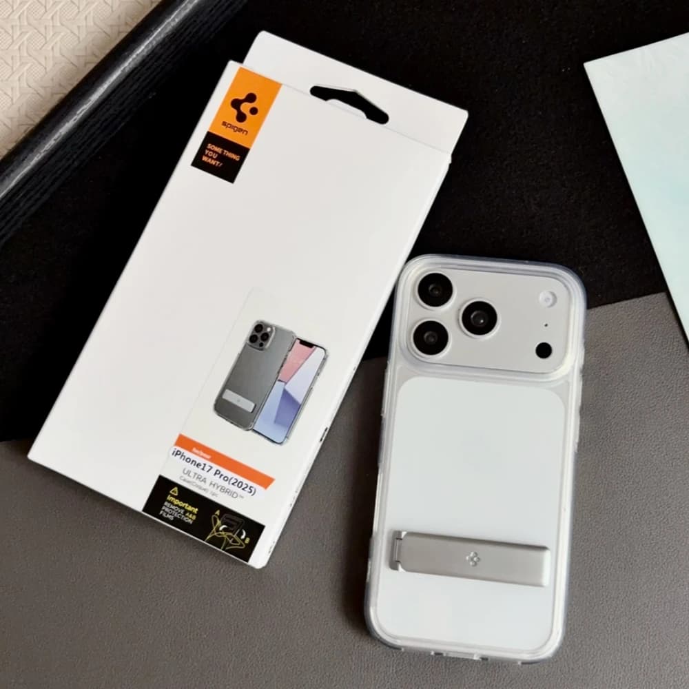 غطاء هاتف Spigen Ultra Hybrid Bracket شفاف لهواتف آيفون 17 برو ماكس و18 و16 و15 و14 و13 و12، حامل صدمات، غطاء خلفي شفاف