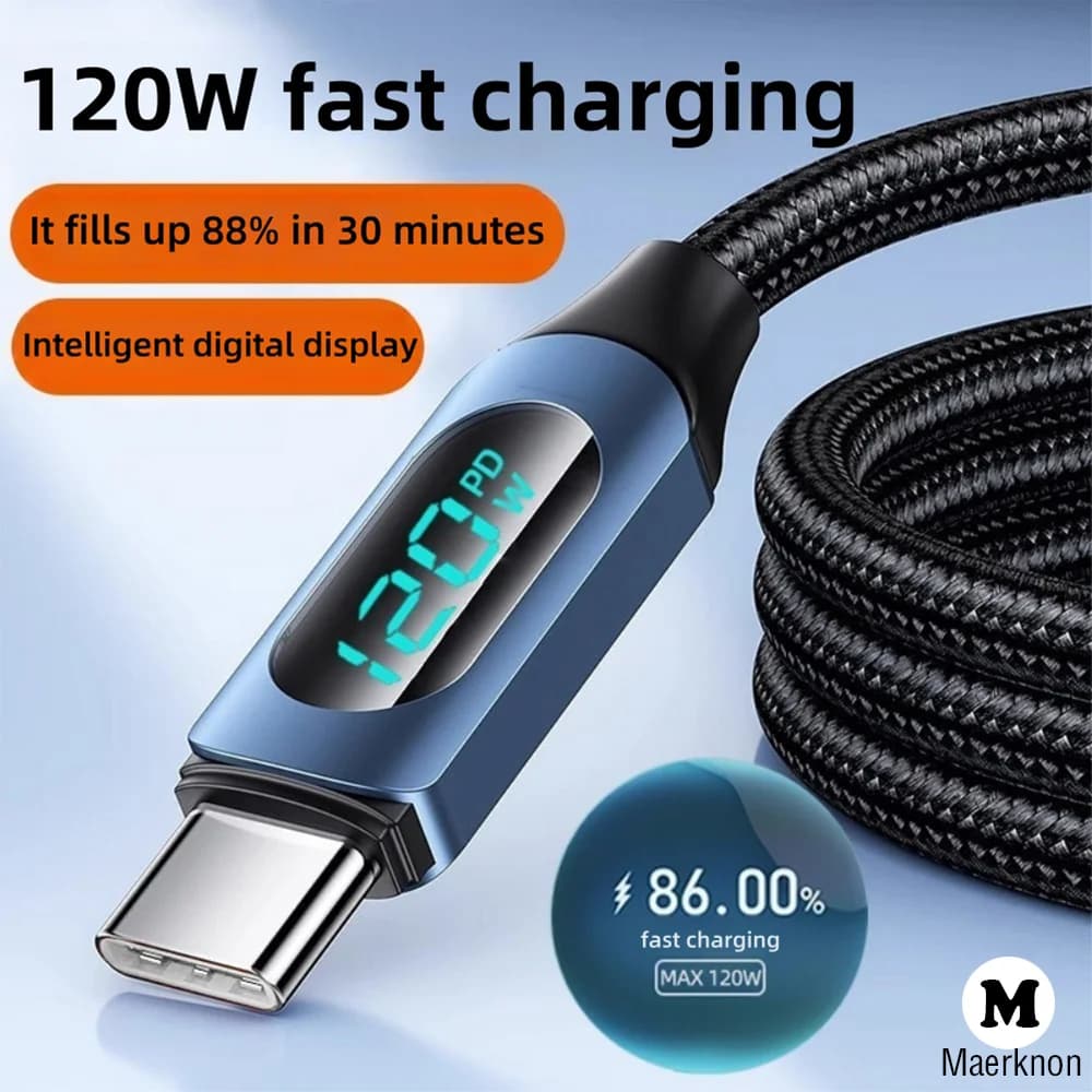 كابل شحن سريع 120 واط 6A USB/Type C إلى Type C سلك نايلون بشاشة ذكية لهواتف آيفون سامسونج شاومي هواوي سلك شحن Type C