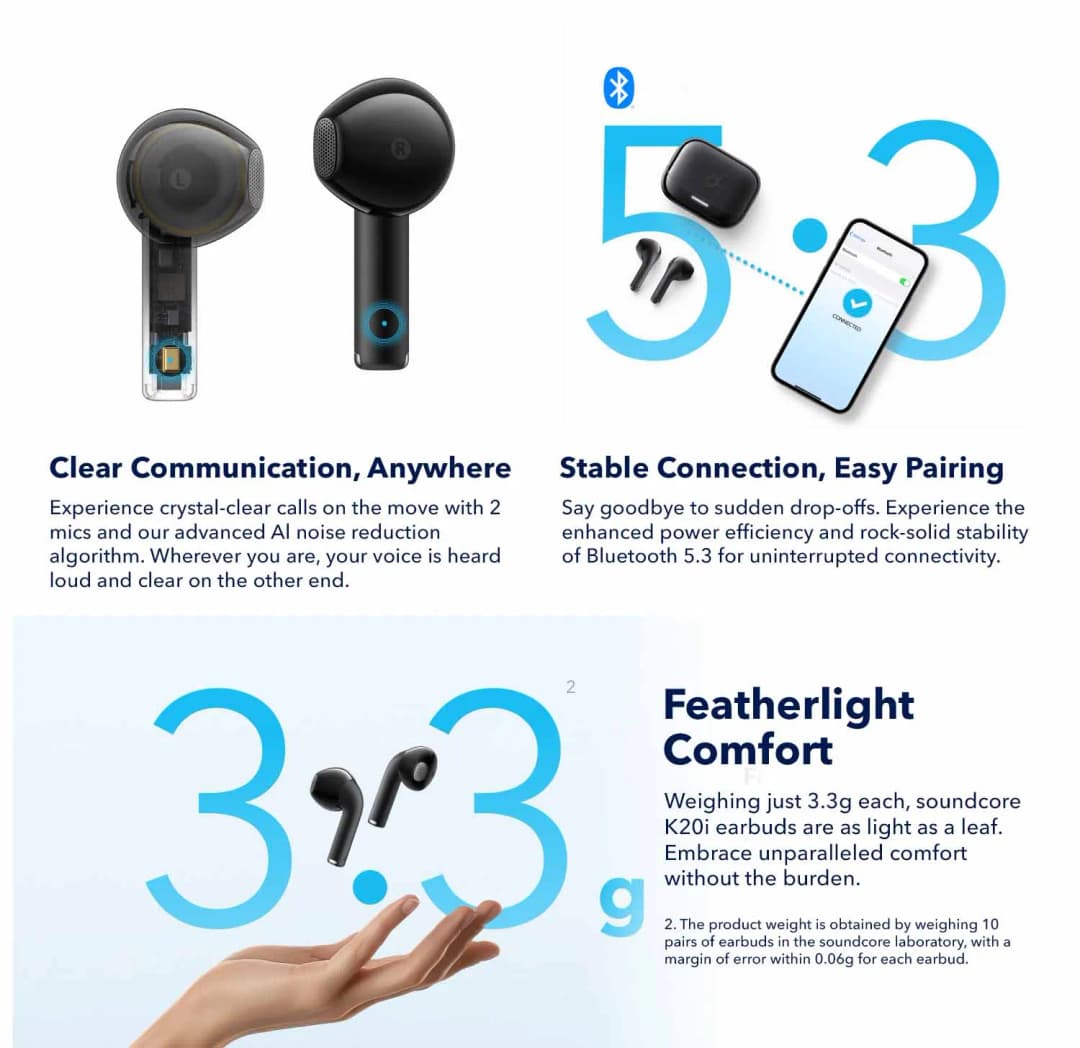 سماعات أذن شبه داخل الأذن Soundcore K20i من Anker مع بلوتوث وسماعات رأس بلوتوث لاسلكية وسماعات أذن بلوتوث لاسلكية - 4