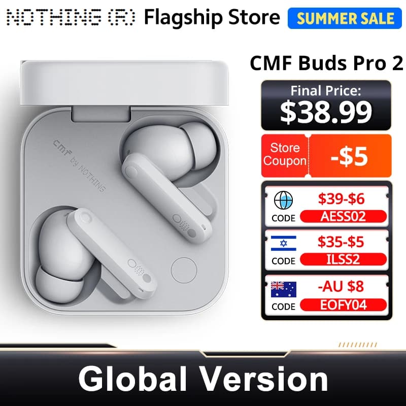 سماعات CMF By Nothing Buds Pro 2 الإصدار العالمي IP55 بلوتوث 5.3 مع إلغاء ضوضاء نشط هجين 50 ديسيبل و6 ميكروفونات عالية الدقة