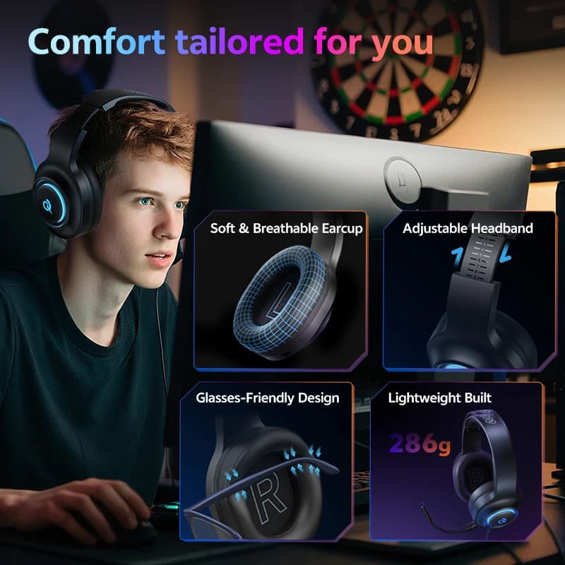 QCY Tri-Mode Heroad V200 Gaming Headset Wireless Bluetooth 6.0 with Mic 7.1 Surround Sound Driver Dynamic RGB Over Ear Headphone - 6