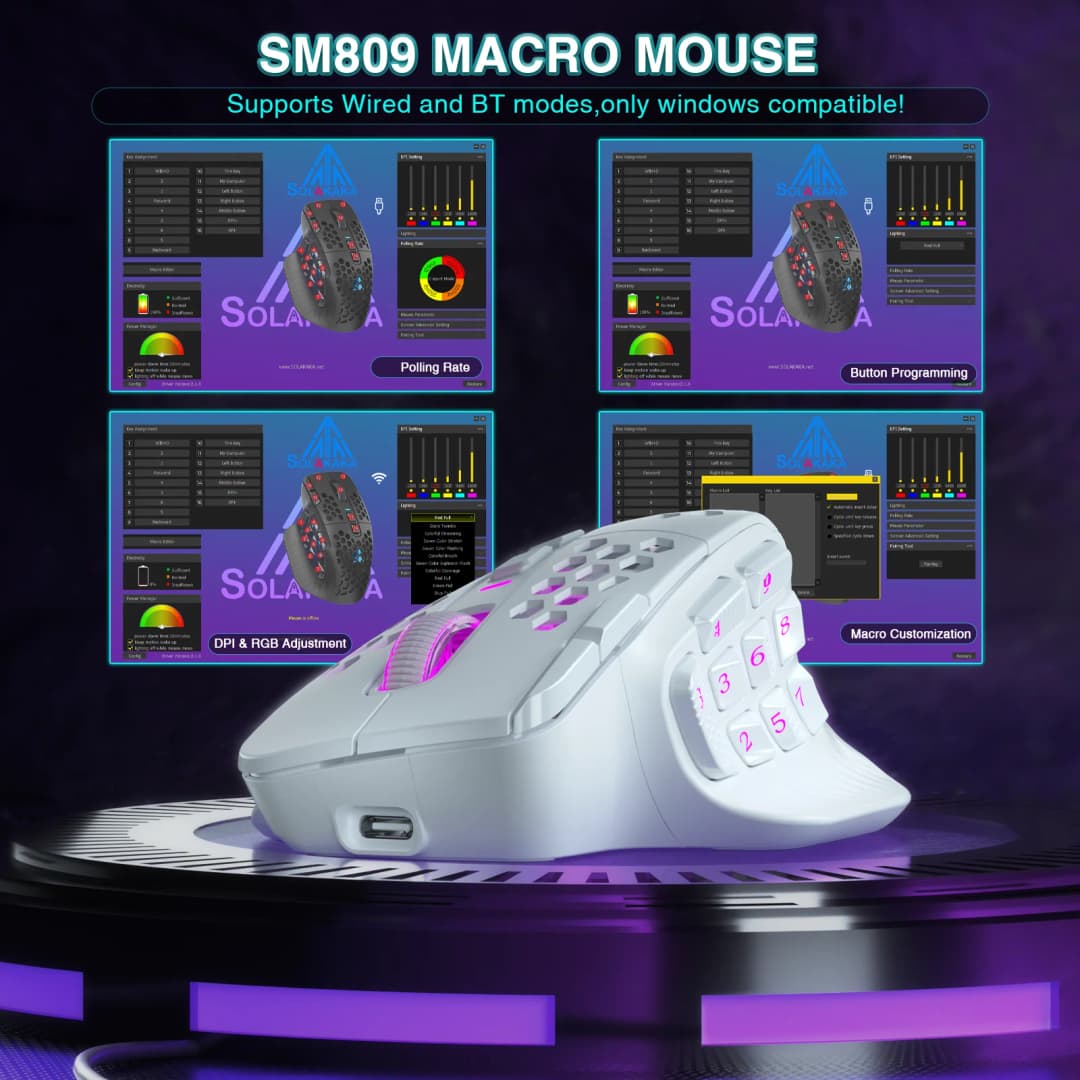 ماوس ألعاب لاسلكي SOLAKAKA SM809 Pro MMO PAW3311، 16 زرًا جانبيًا، 24000 ديسيبل متوحد الخواص، بإضاءة RGB، قابل للبرمجة - 3