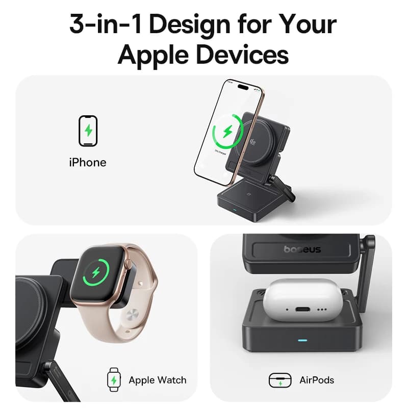 Baseus 3 in 1 Magnetic Wireless Charger Qi2.2 25W Fast Charging For iPhone 17 16 15 14 Apple Watch Earbuds AirPods Pro iWatch - 3