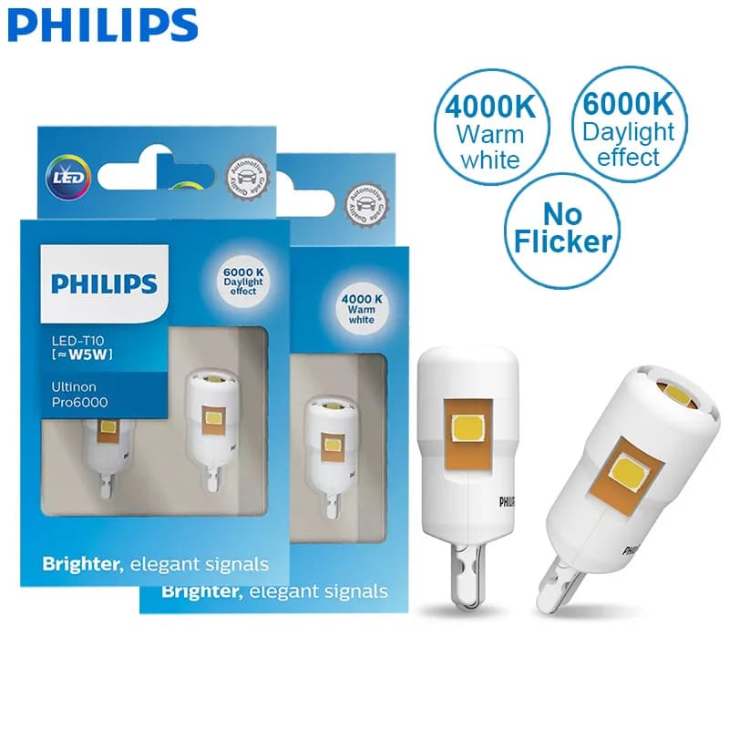 Philips LED T10 W5W 194 Ultinon Pro6000 4000K 6000K Bright White Auto Turn Signal Lamps Car Interior Lamps No Error 11961, 2x