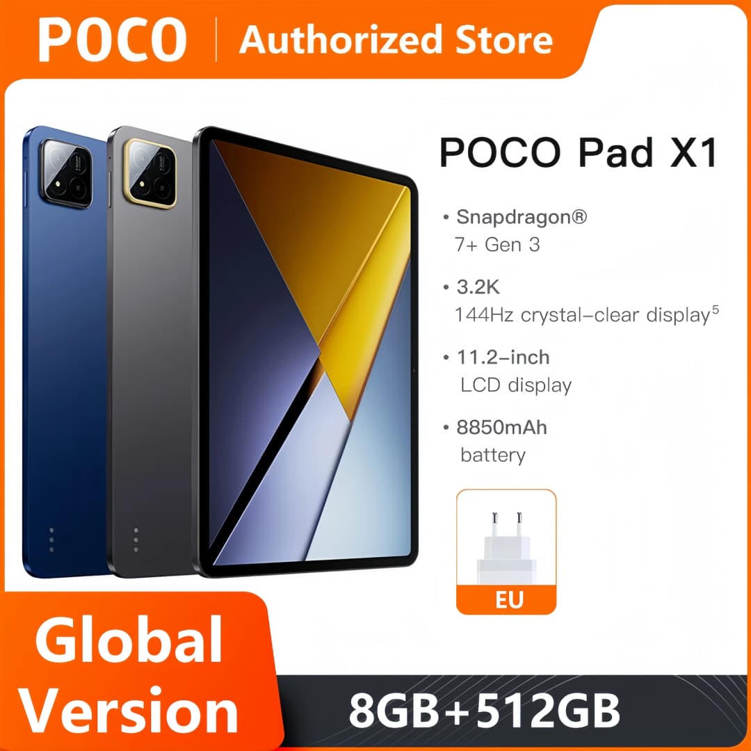 أجهزة لوحية POCO Pad X1 إصدار عالمي معالج Snapdragon 7+ Gen 3 ثماني النواة شاشة 11.2 بوصة 3.2K بمعدل تحديث 144 هرتز شاحن 45 واط بطارية 8850 مللي أمبير في الساعة