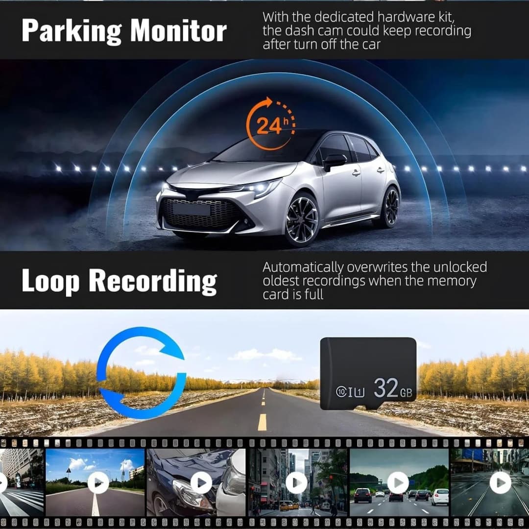 كاميرا لوحة قيادة أمامية وخلفية 1080P HD كاميرا سيارة مسجل قيادة مع رؤية ليلية بالأشعة تحت الحمراء مستشعر G شاشة IPS 3.16 بوصة - 4