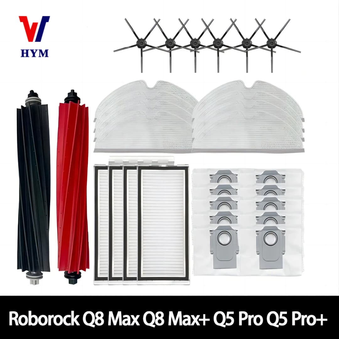 إكسسوارات روبوروك Q5 Pro+ Q8 Max Q8 Max+ Q5 Pro: فرشاة رئيسية، فلتر Hepa، ممسحة، كيس غبار، قطع غيار