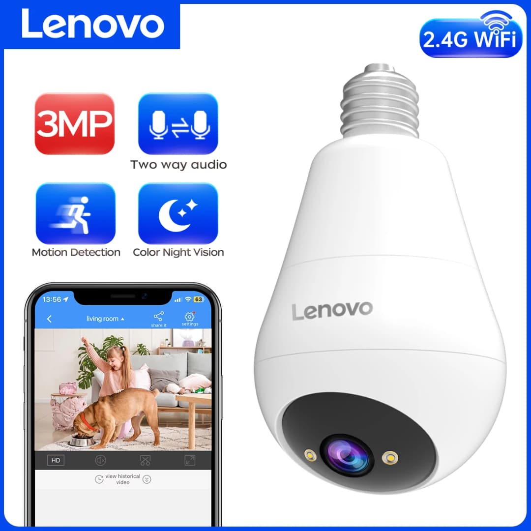 كاميرا أمان Lenovo بتقنية WIFI بدقة 3 ميجابكسل، مصباح E27 برؤية ليلية ملونة، إنتركوم صوتي ثنائي الاتجاه، كاميرا منزلية ذكية لاسلكية