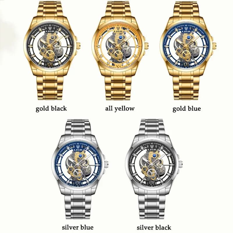 LIGE New Men Watch Skeleton Quartz Wristwatch Gold Skeleton Retro Man Watch Top Brand Luxury Clock Mens Watches Reloj Hombre - 6
