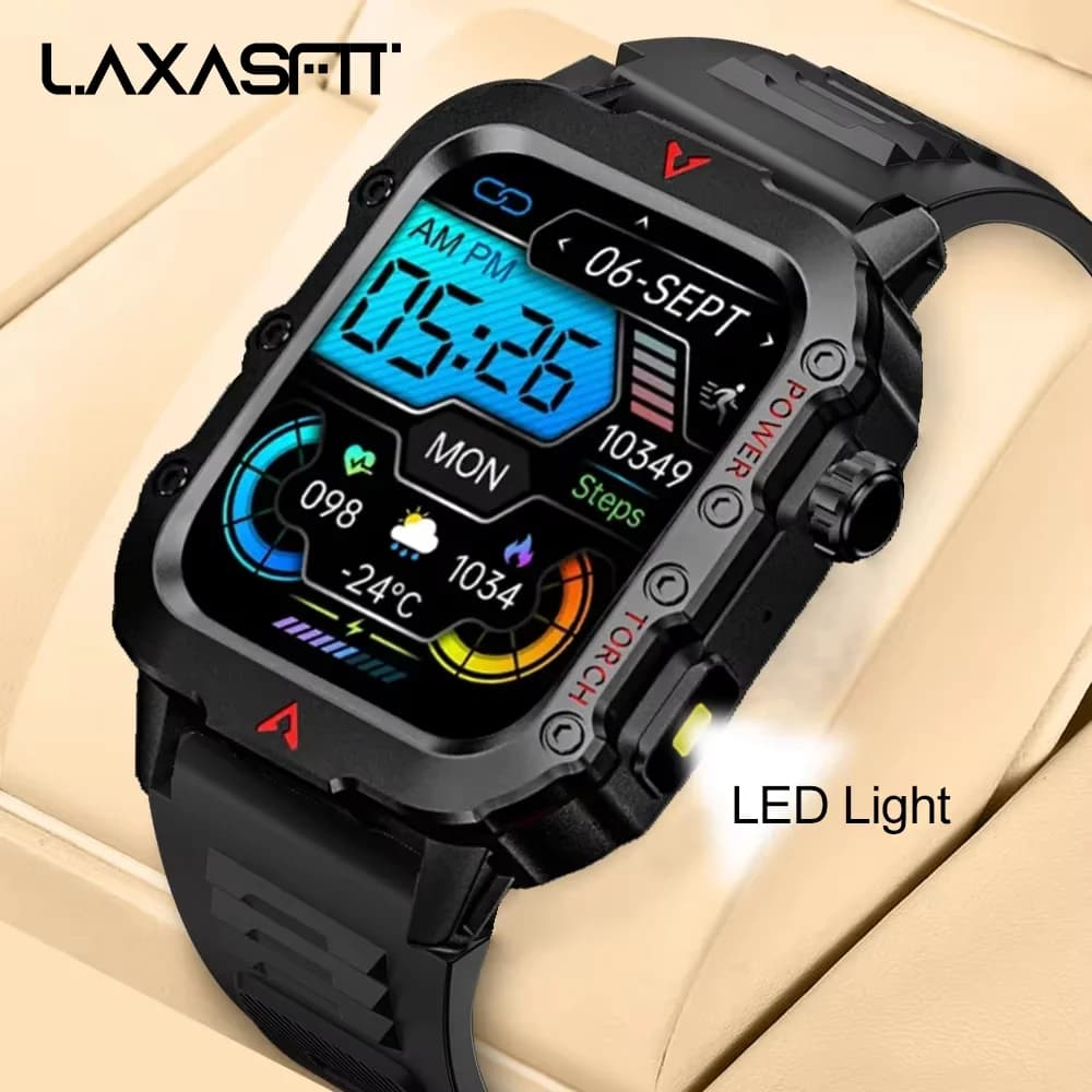 ساعة ذكية جديدة للرجال من LAXASFIT بمصباح LED للرياضات الخارجية ومراقبة الصحة