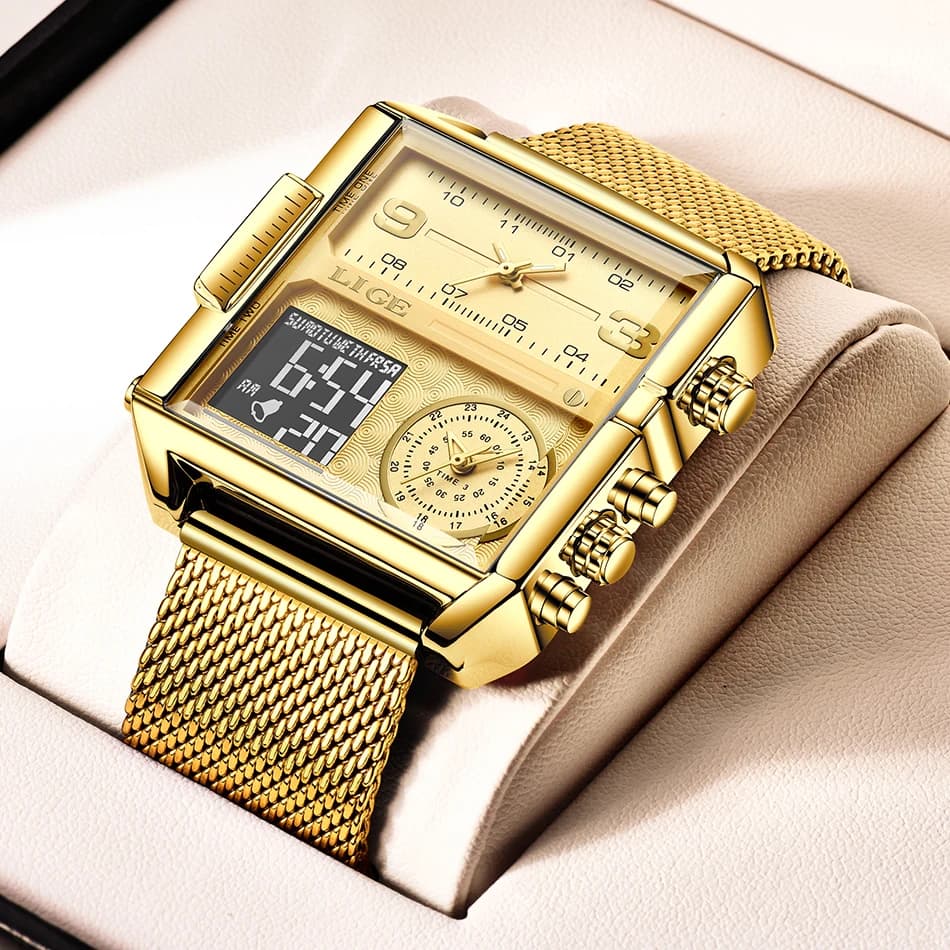 LIGE 2024 Fashion Dual Display Watch Women Top Brand Luxury Creative Square Watches Ladies Casual Gold Watch Relogio Feminino - 6