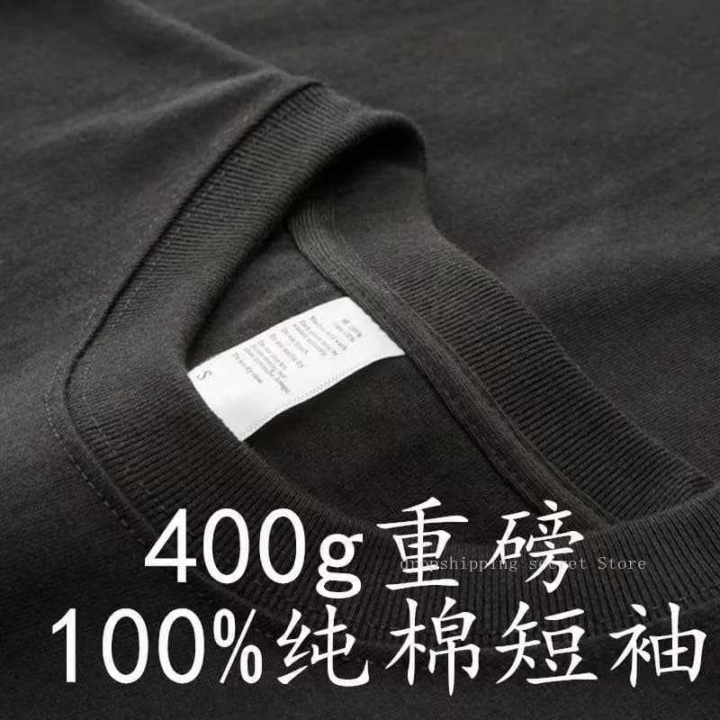 تي شيرت قطني ثقيل الوزن 400g كم قصير صيفي رقبة صغيرة فضفاض سميك غير منفذ للرجال والنساء - 5
