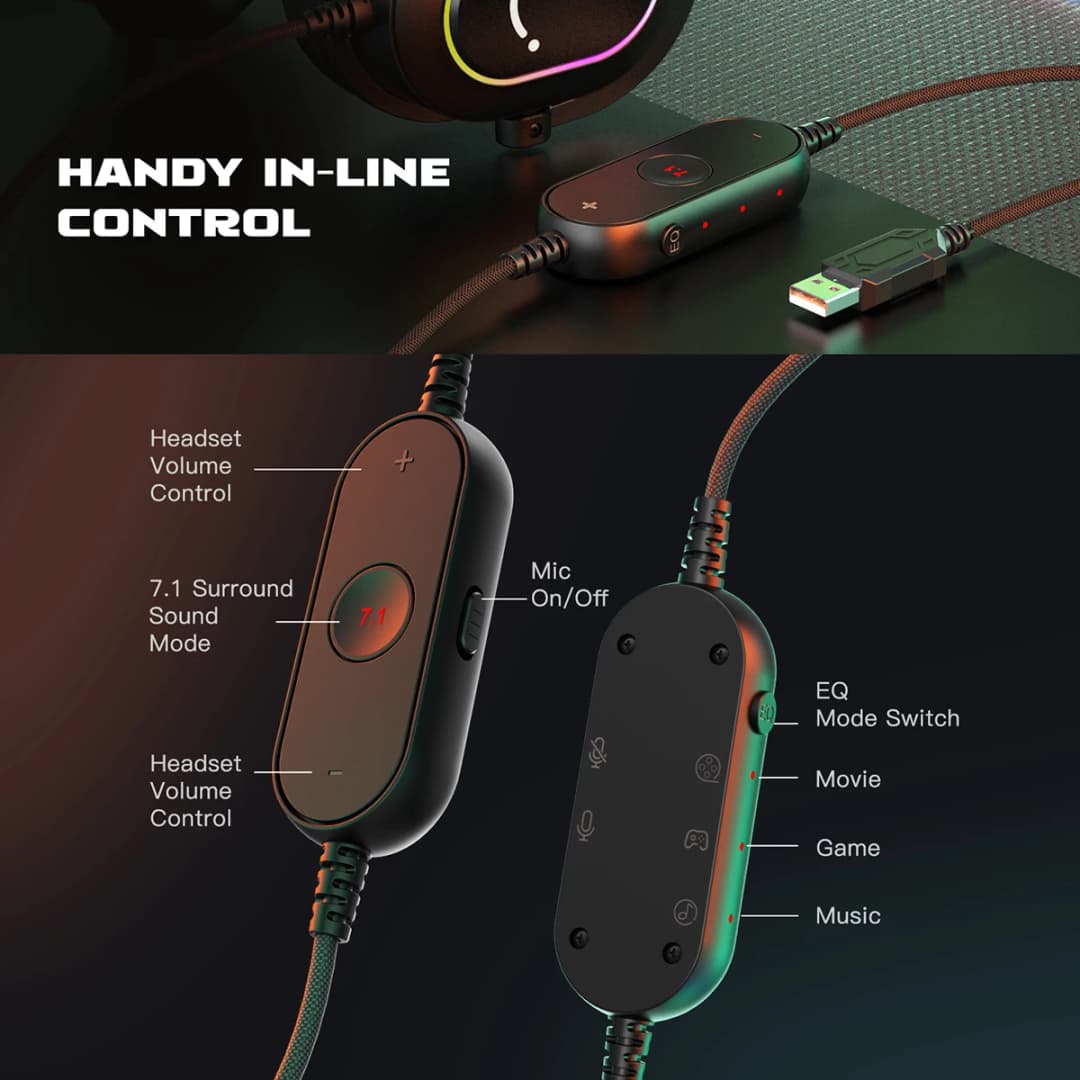 سماعة ألعاب Fifine Dynamic RGB مع ميكروفون فوق الأذن 7.1 صوت محيطي PC PS4 PS5 3 EQ خيارات لعبة موسيقى الفيلم - 5