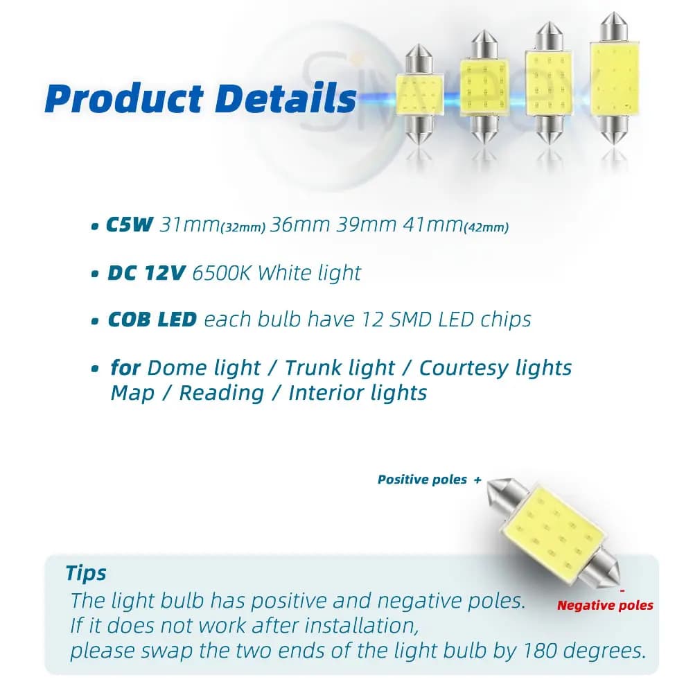 مصابيح LED COB للسيارة مقاس 31mm 36mm 39mm 41mm/42mm، إضاءة قبة Festoon، مصابيح داخلية للقراءة ولوحة الترخيص، أبيض وأزرق DC 12V - 3