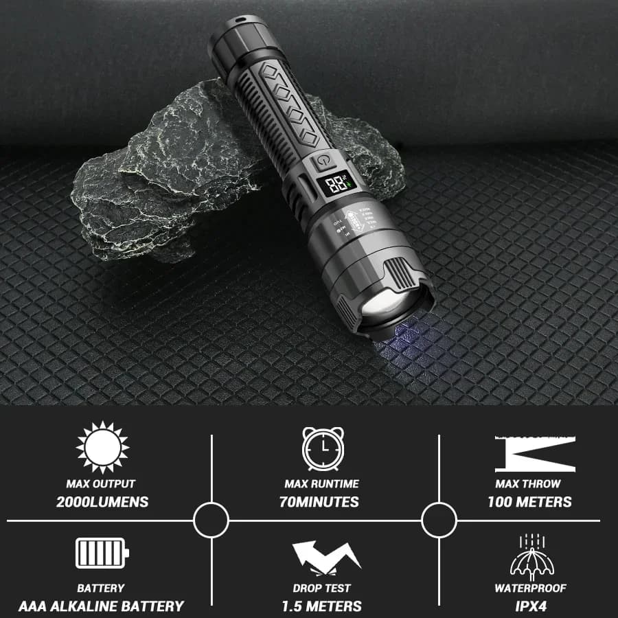 كشاف LED عالي الطاقة 2000 لومن، بطارية مدمجة قابلة لإعادة الشحن عبر USB، كشاف تكتيكي قوي للتخييم والمشي في الهواء الطلق - 4
