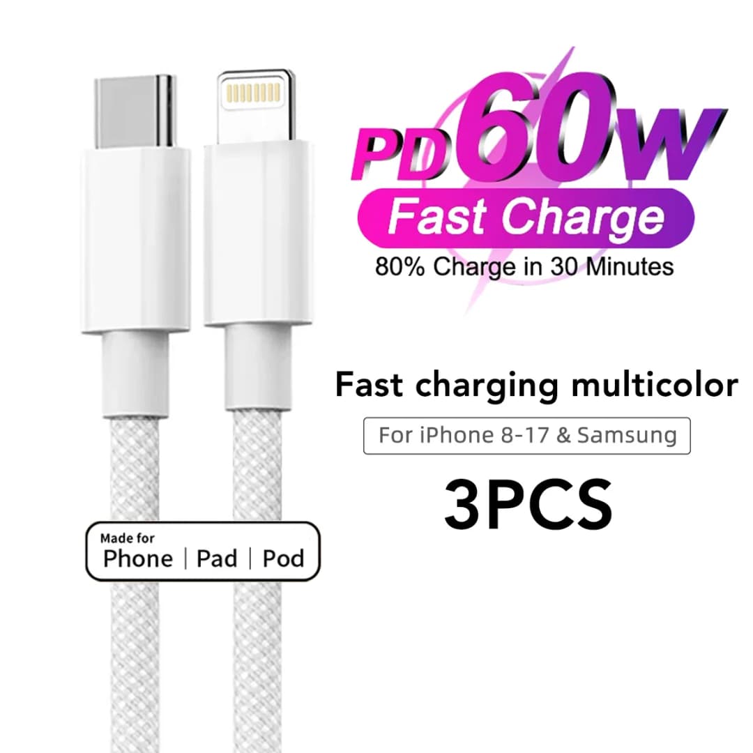60W Fast Charging Nylon Braided USB-C to Type C Color Cable PD  For iPhone 13 14 Pro Max 11 12 XR XS Max Plus Samsung Data Sync