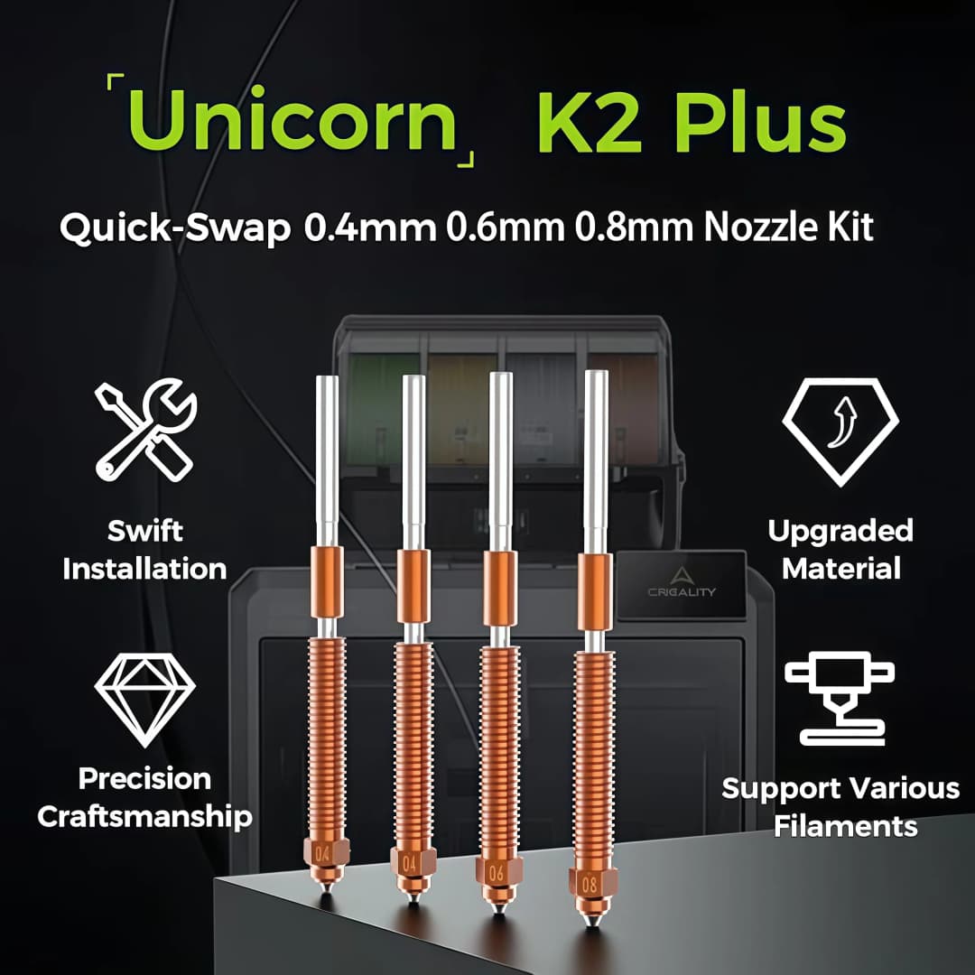مجموعة فوهة استبدال سريع Unicorn الأصلية من Creality لـ Hi/K2/K2 Pro/K2 Plus، فوهات نحاسية بطرف فولاذي بتدفق عالي، مبرد من سبائك التيتانيوم - 4