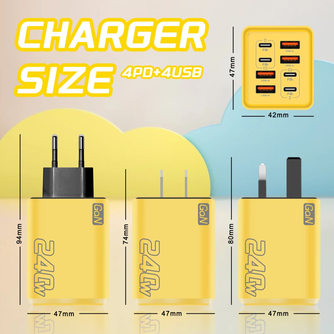 شاحن مكتبي 8 في 1 GaN USB C بقوة 240 واط مع محول شحن سريع وكابل Type C لهواتف آيفون وسامسونج وشاومي مع قابس EU/US/UK - 6