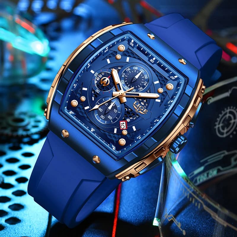 LIGE Top Brand Luxury Blue Silicone Square Chronograph Wrist Watch For Men Outdoor Sports waterproof Luminous Quartz Men Watch - 2