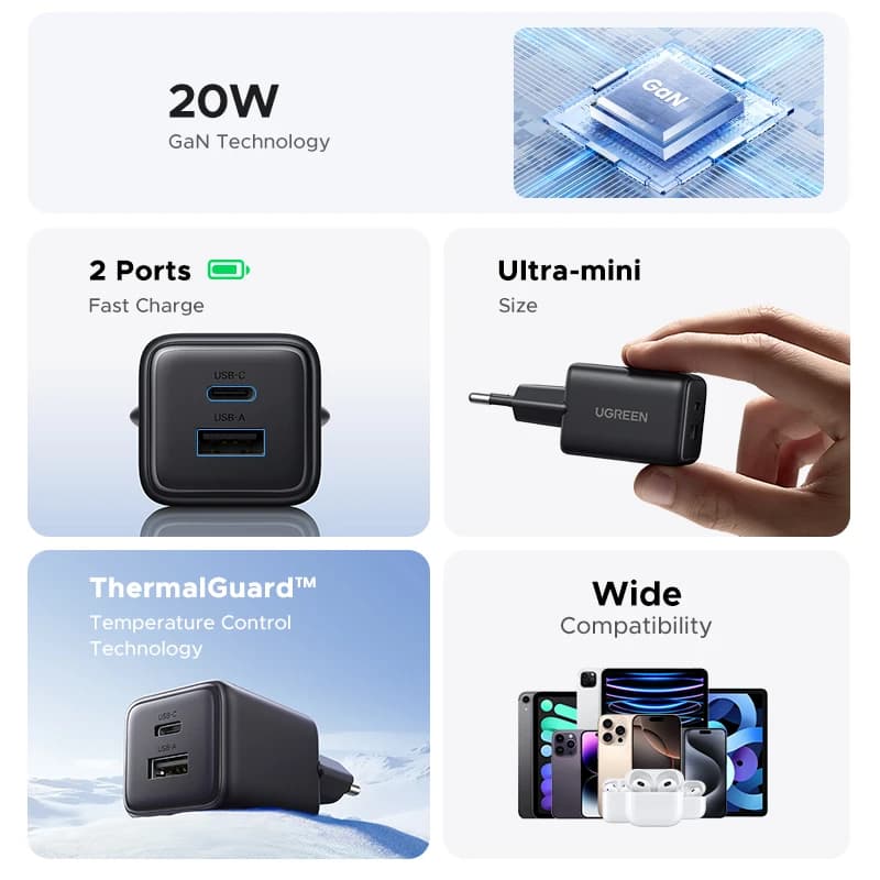 شاحن UGREEN 20 واط GaN صغير USB C شاحن هاتف PD3.0 QC3.0 لـ iPhone 17 16 15 Pro Max Samsung S25 Xiaomi Tablet iPad Air Pro - 2