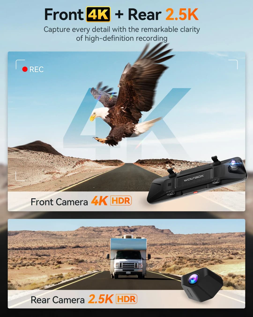 كاميرا سيارة وولف بوكس G900 برو بدقة 4K+2.5K - تحكم صوتي، واي فاي 5 جيجاهرتز، GPS، مسجل فيديو أمامي وخلفي - 2