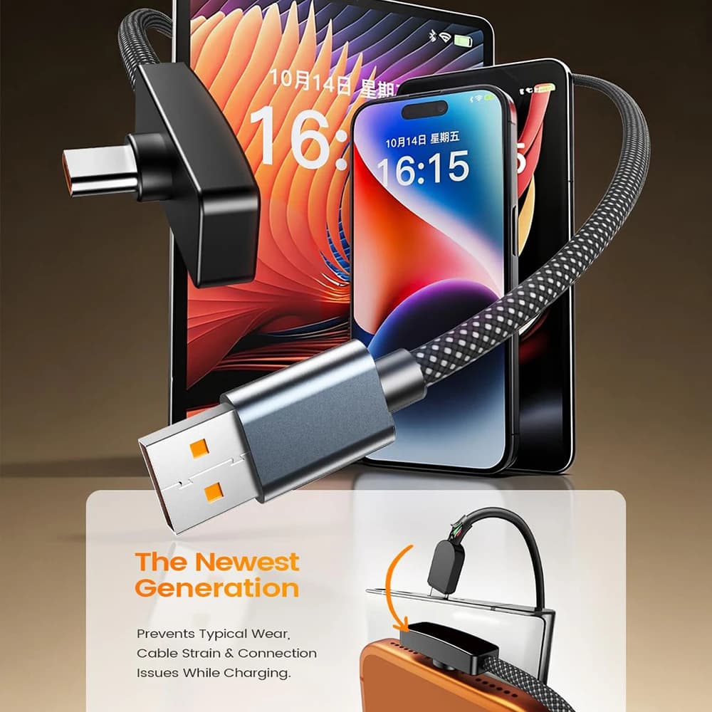 كابل USB Type C بزاوية 90 درجة شحن سريع 100 واط كابلات نقل بيانات سلك USB-C محمول بزاوية قائمة لهواتف آيفون وسامسونج وشاومي - 5