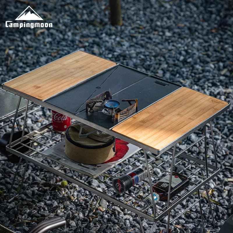 مجموعة إكسسوارات تخييم سوداء من CAMPINGMOON طاولة مطبخ تخييم محمولة موقد غاز خارجي رف طاولة قابلة للطي - 4