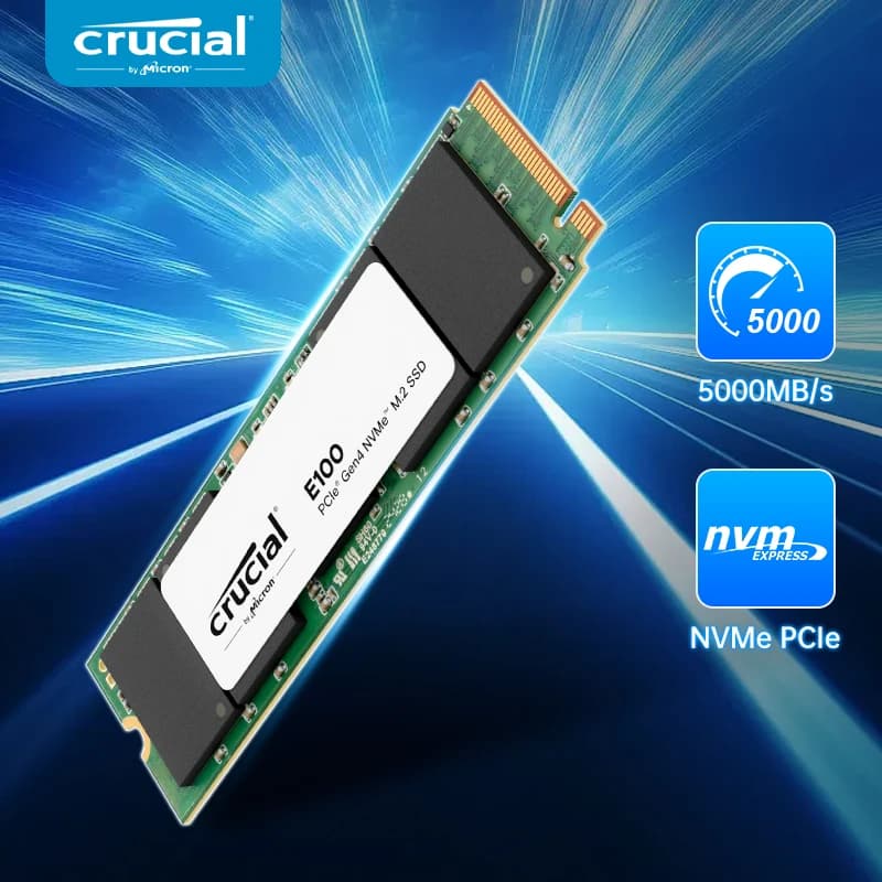 قرص صلب Crucial E100 SSD بسعة 1 تيرابايت و2 تيرابايت وسرعة M.2 NVMe PCIe Gen4 تصل إلى 5,000 ميجابايت/ثانية لأجهزة الكمبيوتر المحمولة والمكتبية للاعبي الكمبيوتر