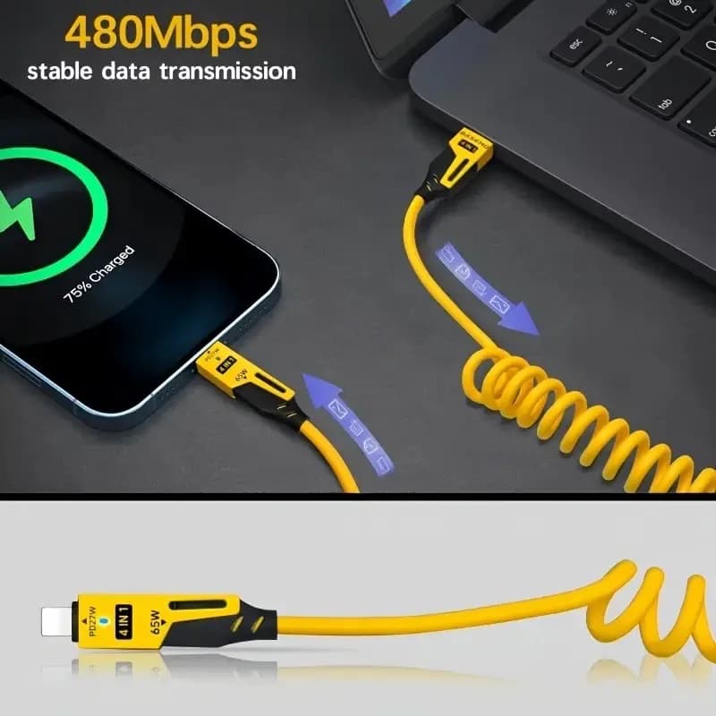 4 في 1 65 واط كابل شحن متعدد المنافذ USB نوع C شحن سريع كابل بيانات آيفون 16 15 شاومي سامسونج PD 27 واط كابل الإضاءة - 4