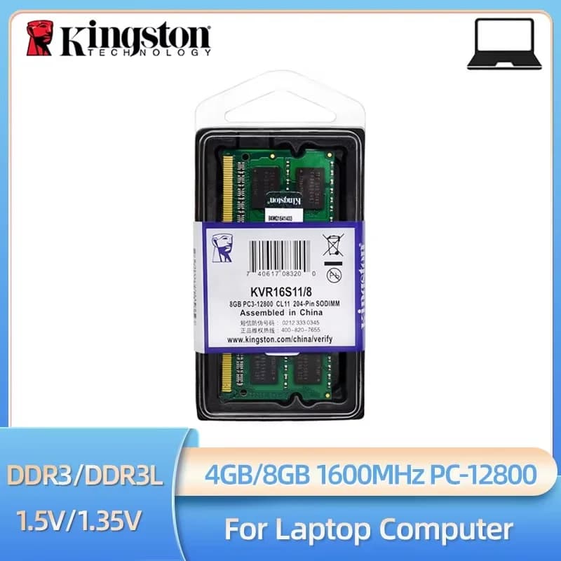 ذاكرة رام للابتوب كينجستون DDR3 وDDR3L بسعات 8GB و4GB بتردد 1600Mhz نوع SODIMM متوافقة مع PC3-12800 بقناة مزدوجة