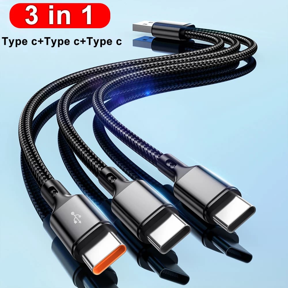 كابل 3 في 1، USB إلى 3×Type-C، 100 واط 6A، شحن سريع لسامسونج S24 وشاومي وهواوي وهواتف أندرويد، نقل بيانات عالي السرعة USB C - 2