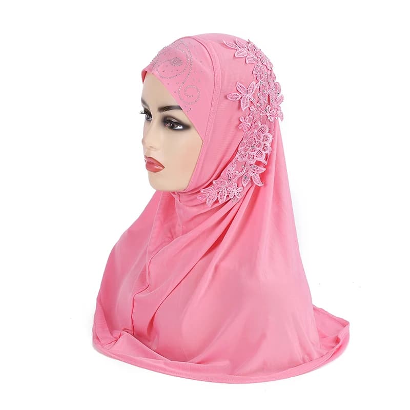 H027 beautiful big gilrs muslim hijab with lace and stones islamic scarf shawl headscarf hat armia pull on wrap ramadan gift - 5