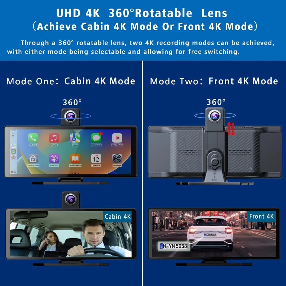 كاميرا لوحة قيادة 10.26 بوصة 4K 2160P كاربلاي أندرويد أوتو DVR سيارة 5G واي فاي GPS FM مسجل فيديو قيادة بث مباشر كاميرا دوران 360 درجة - 3