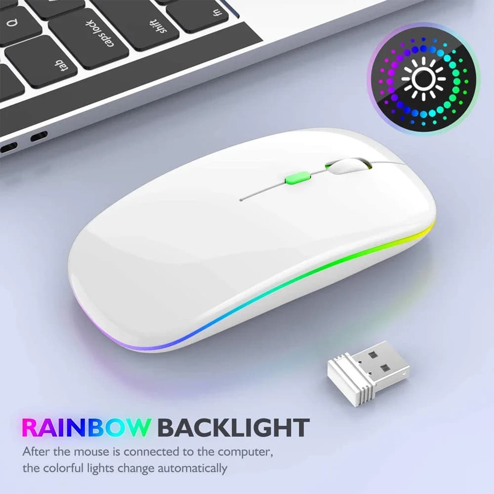 ماوس لاسلكي متوافق مع البلوتوث، ماوس كمبيوتر صامت بإضاءة LED خلفية، ماوس ألعاب مريح قابل لإعادة الشحن مع إضاءة RGB - 3