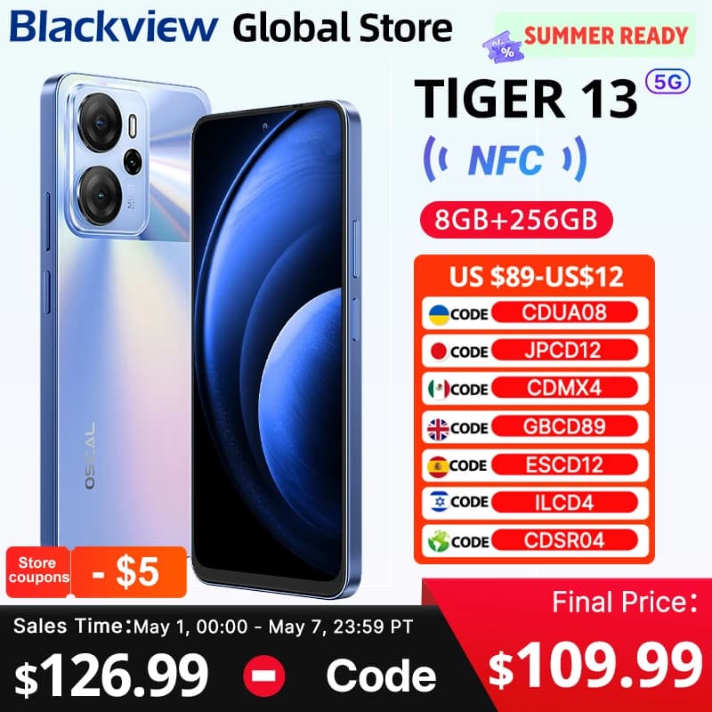 Blackview Oscal Tiger 13 5G Smartphone 6.67 inch 90Hz IPS Display NFC 5000mAh Unisoc T760 256GB 50MP AI Camera Mobile Phone