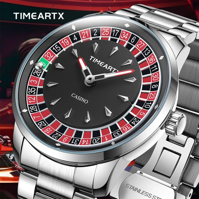 ساعة TIMEARTX العلامة التجارية الجديدة الفاخرة، كوارتز للرجال، تصميم الروليت الأوروبي ولعبة البوكر، ساعة يد