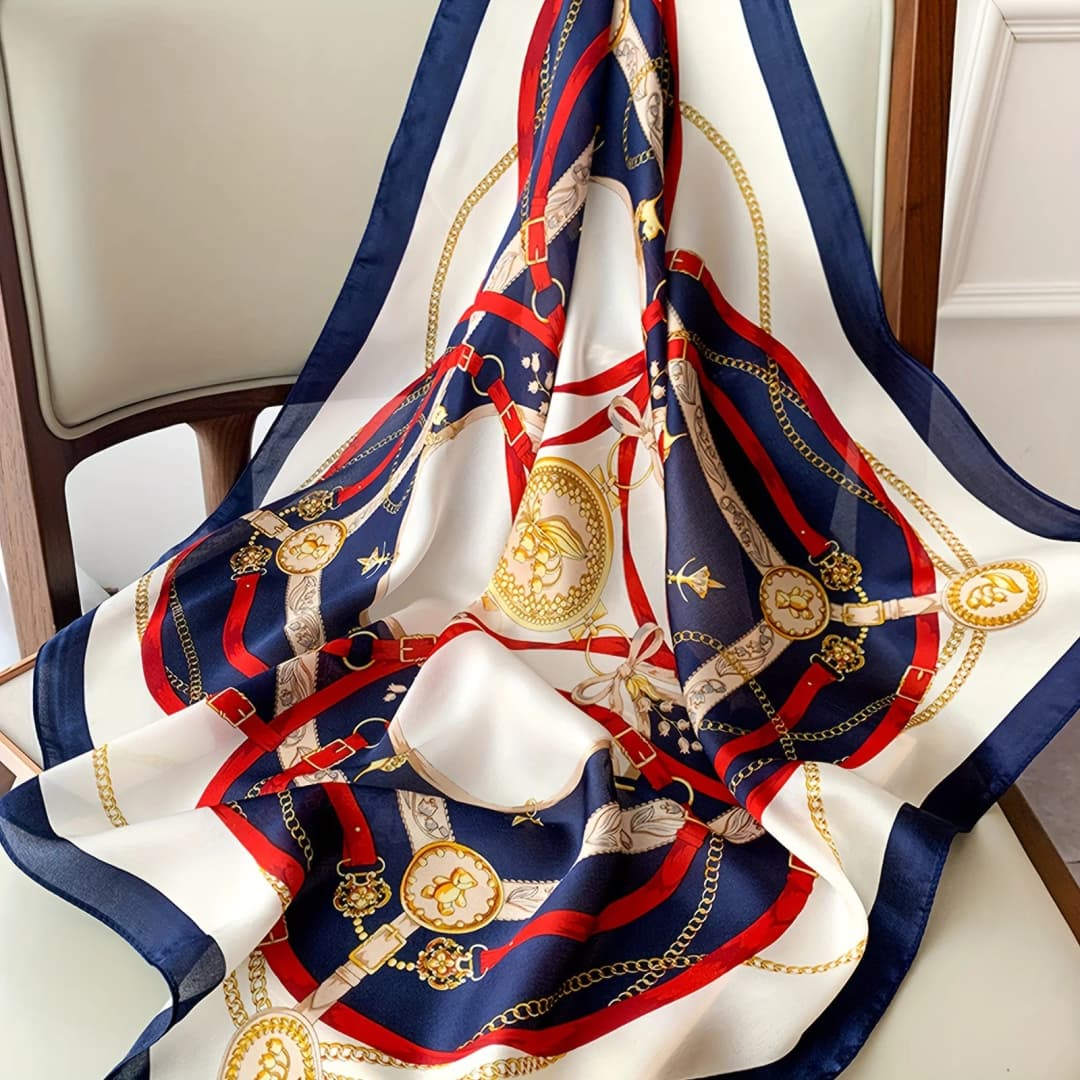 Orange Navy Blue Printed Square Scarf Thin Breathable Sunscreen Shawl Casual Outdoor Windproof Head Wrap For Women - 3