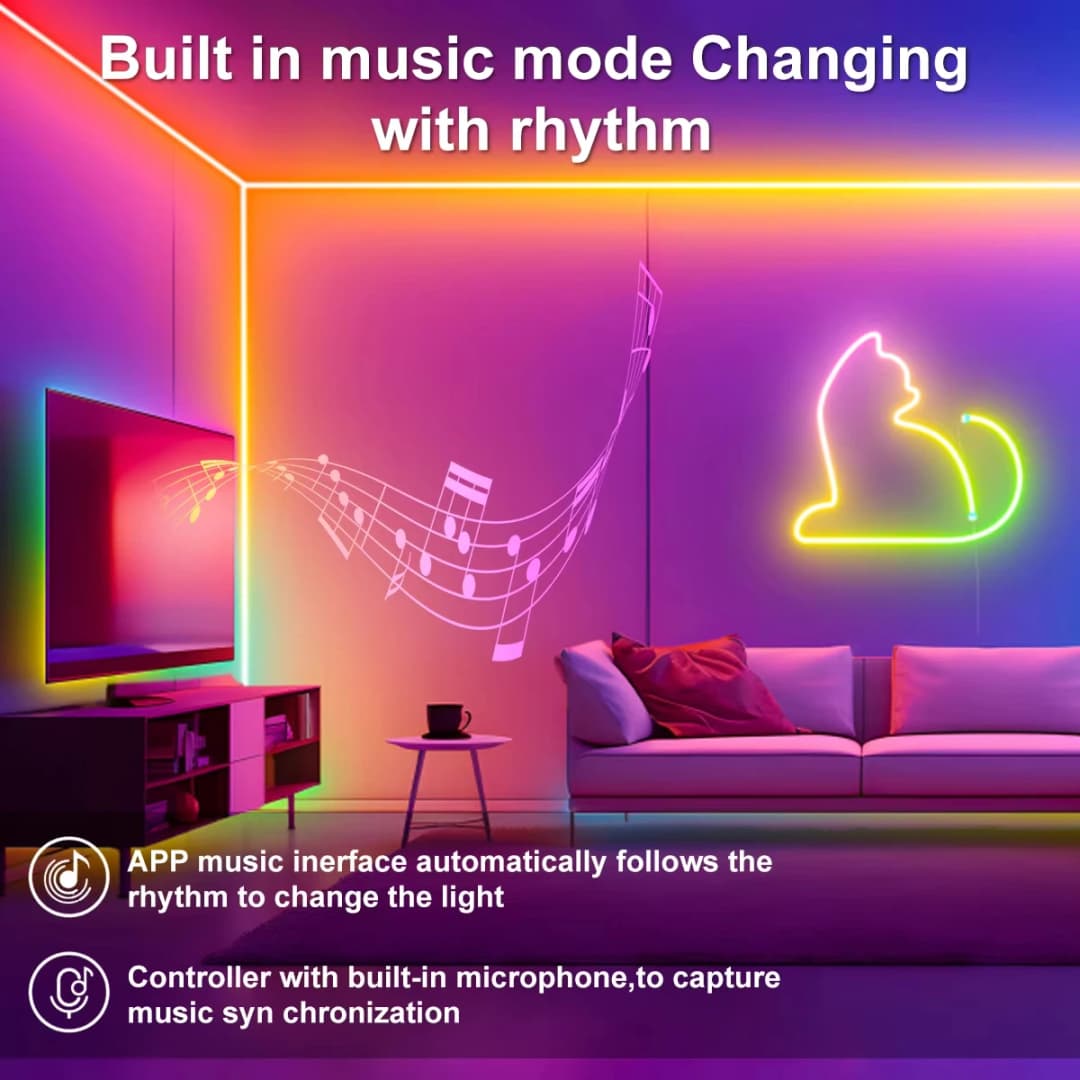 شريط نيون ذكي RGB 5 فولت، تحكم عبر تطبيق أو ريموت، مزامنة مع الموسيقى، مقاوم للماء، مرن، لديكور غرف النوم والحفلات - 5