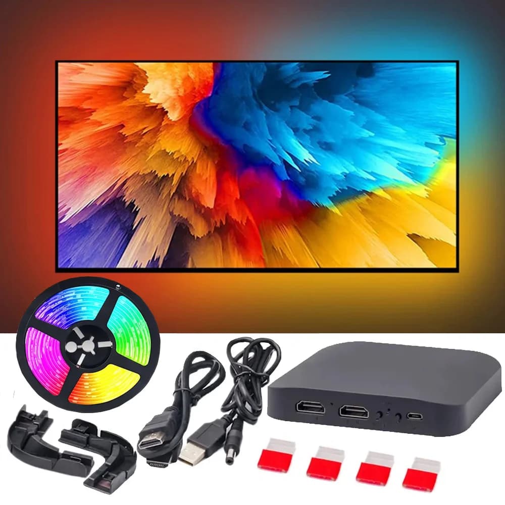 إضاءة خلفية ذكية للتلفزيون LED مع مزامنة جهاز HDMI 4K 1.4 2.0 وصندوق مزامنة وإضاءة شريطية WS2812B 5050 RGBIC لمقاس 24-65 بوصة لأجهزة الكمبيوتر وPS4 وXBOX