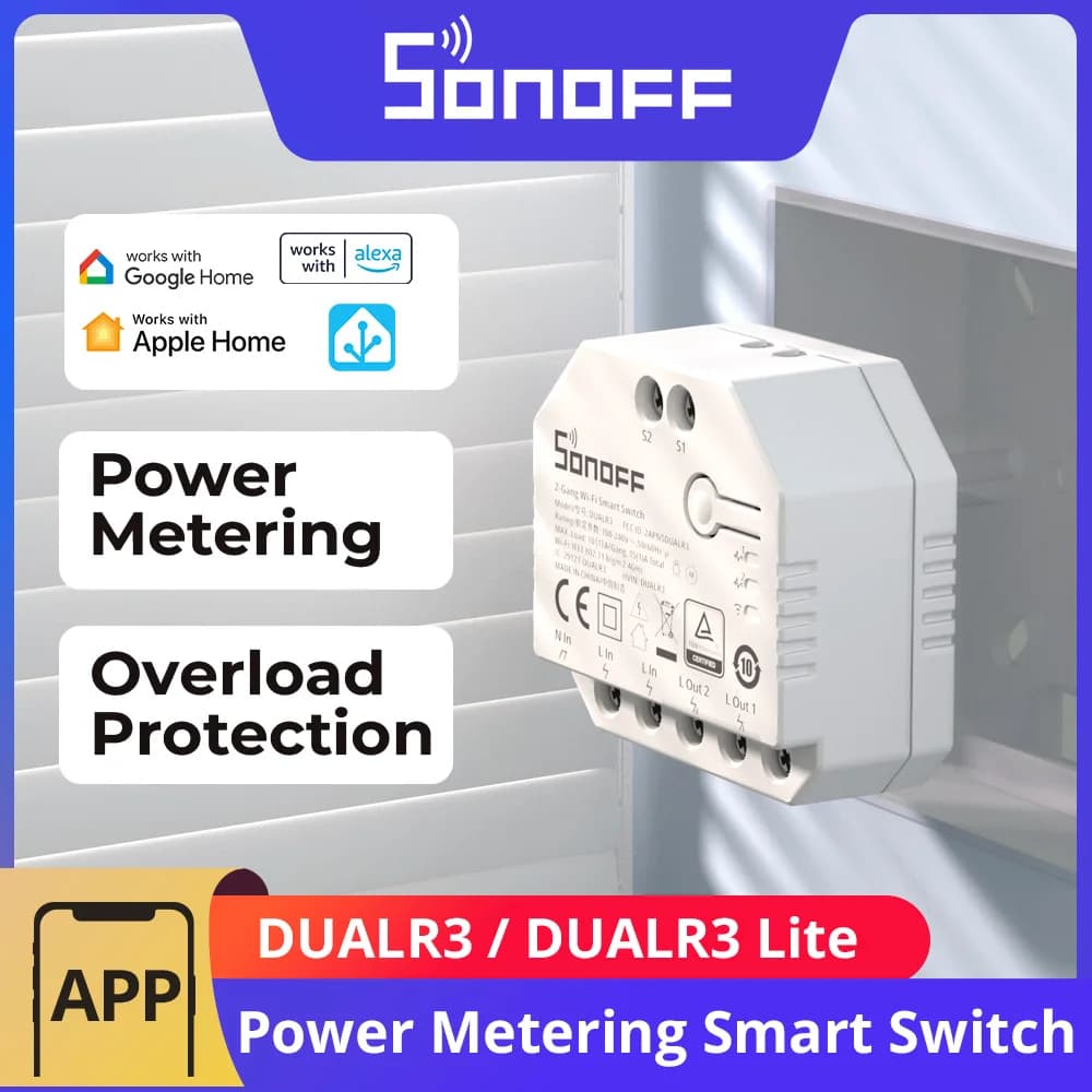 سونوف DUALR3 / DUALR3 لايت 2 عصابة ثنائي مرحل وحدة دي واي فاي ميني مفتاح ذكي قياس الطاقة تحكم عبر إي ويلينك أليكسا جوجل