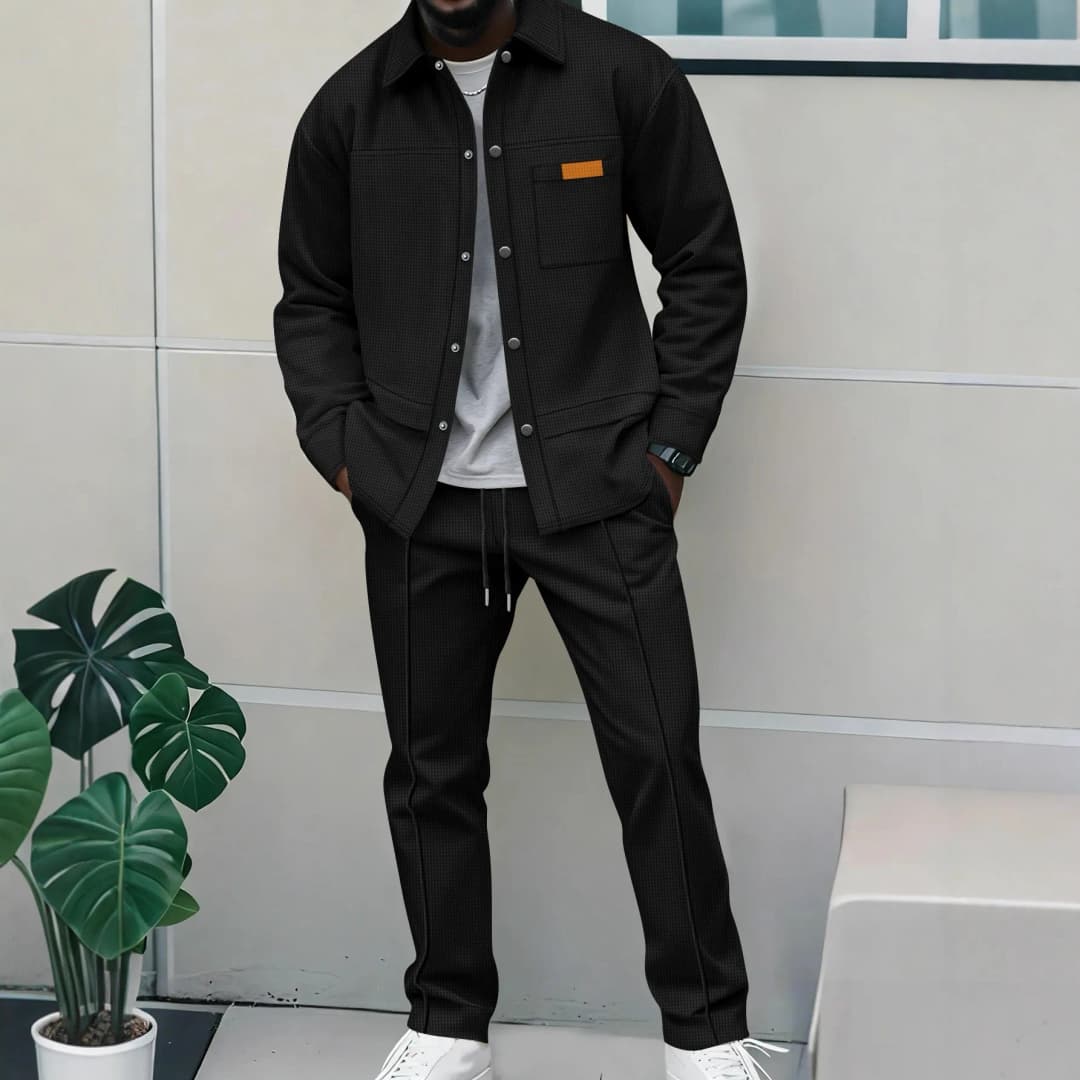 2026 Men's New Style Waffle Plain Color Collar Button-Down Pockets Long-Sleeved Pants Casual Jacket Set - 3