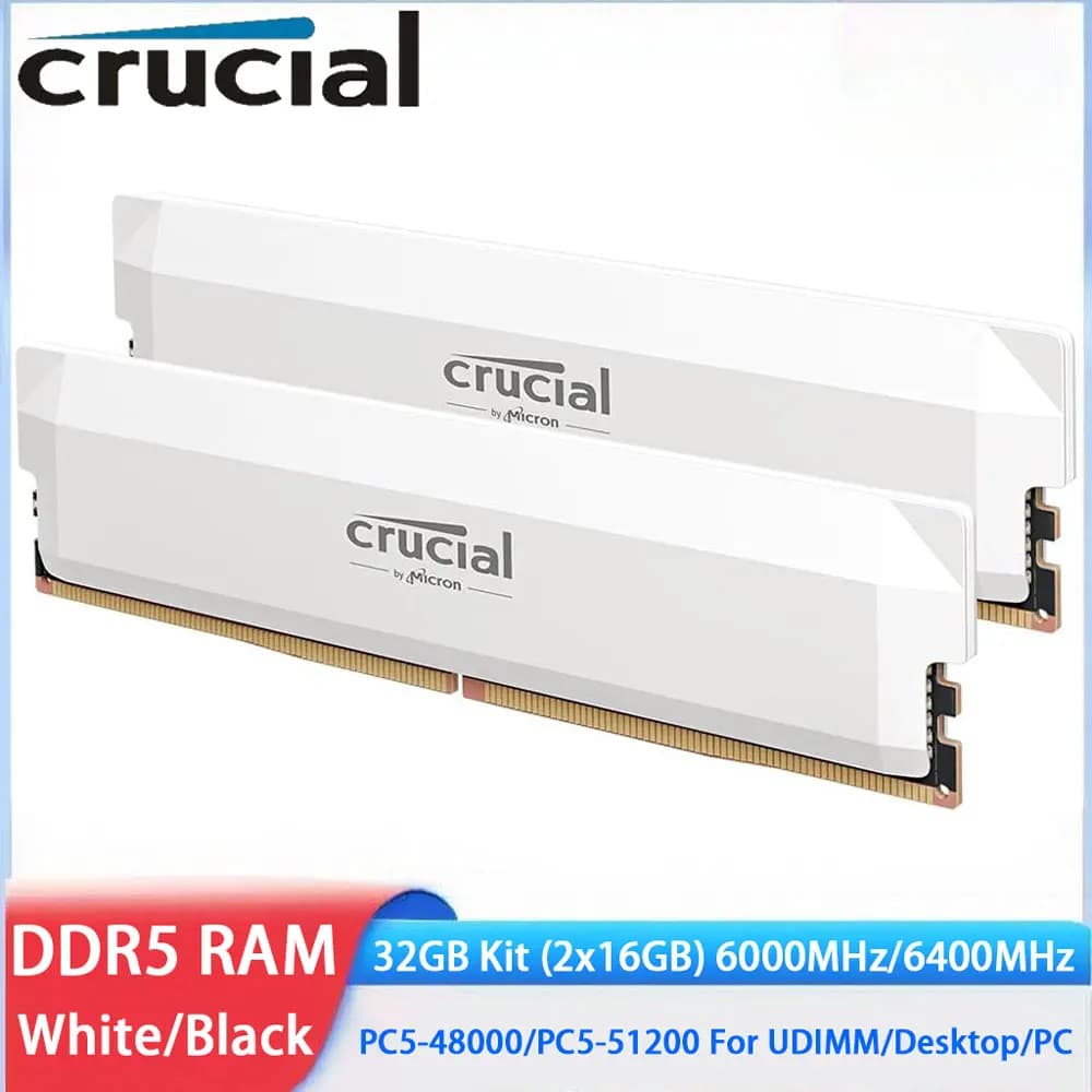 ذاكرة سطح المكتب DDR5 من Crucial، 32GB، 2x16GB، 6000MHz، 6400MHz، PC5-48000، PC5-51200، 288Pin، UDIMM، ذاكرة كمبيوتر لـ Intel و AMD