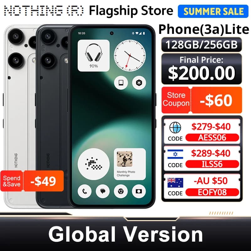 هاتف ناثينج (3a) لايت 5G NFC بشاشة 6.77 بوصة مرنة AMOLED، 120Hz، معالج MTK Dimensity 7300 Pro 5G، كاميرا 50MP+16MP، بطارية 5000mAh/33W، إصدار عالمي