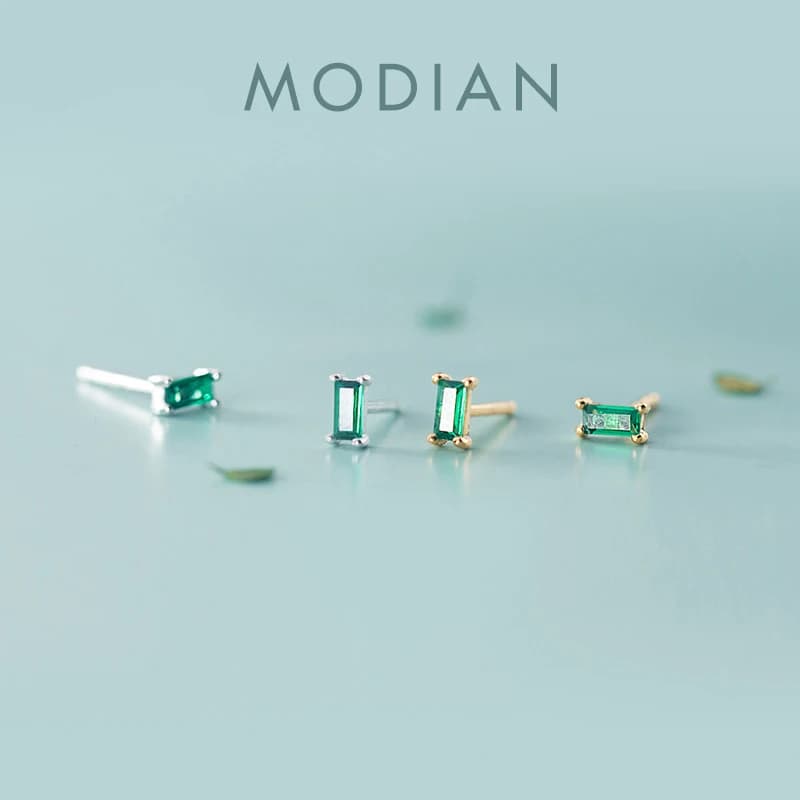 Modian Silver Small Tiny Green Zircon Stud Earrings 100% 925 Sterling Silver Emerald Cut Crystal Studs Ear For Women Jewelry