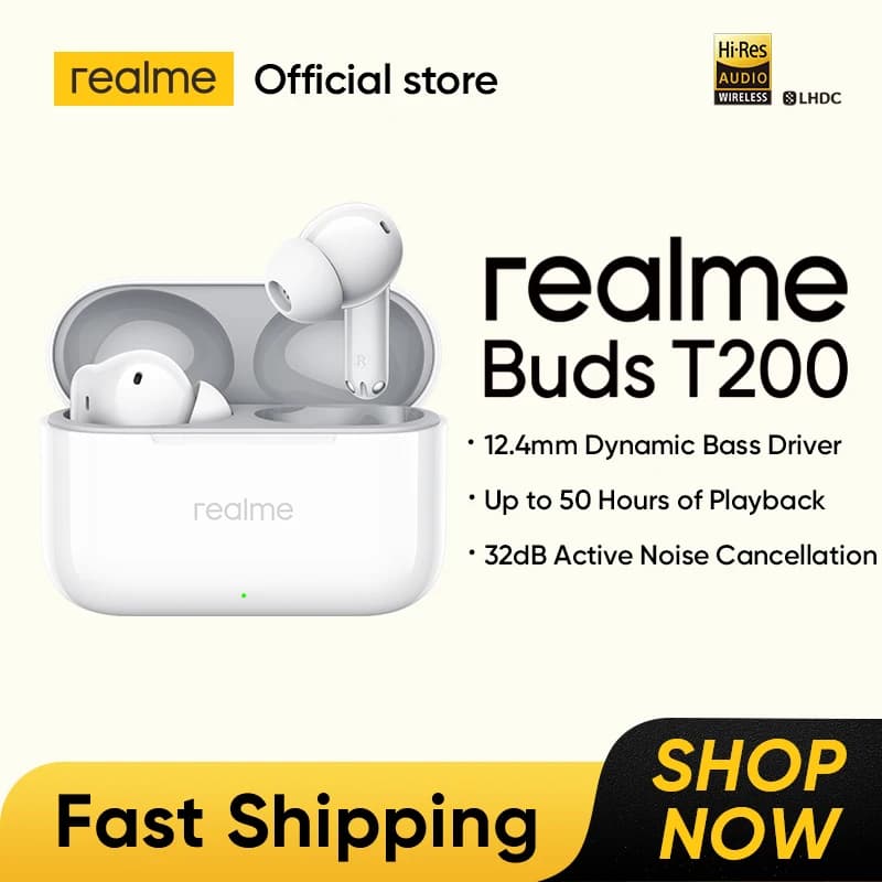 سماعات الريل مي Buds T200 اللاسلكية الحقيقية، مشغل باس ديناميكي 12.4 ملم، إلغاء ضوضاء 32 ديسيبل، حتى 50 ساعة من التشغيل، IP55