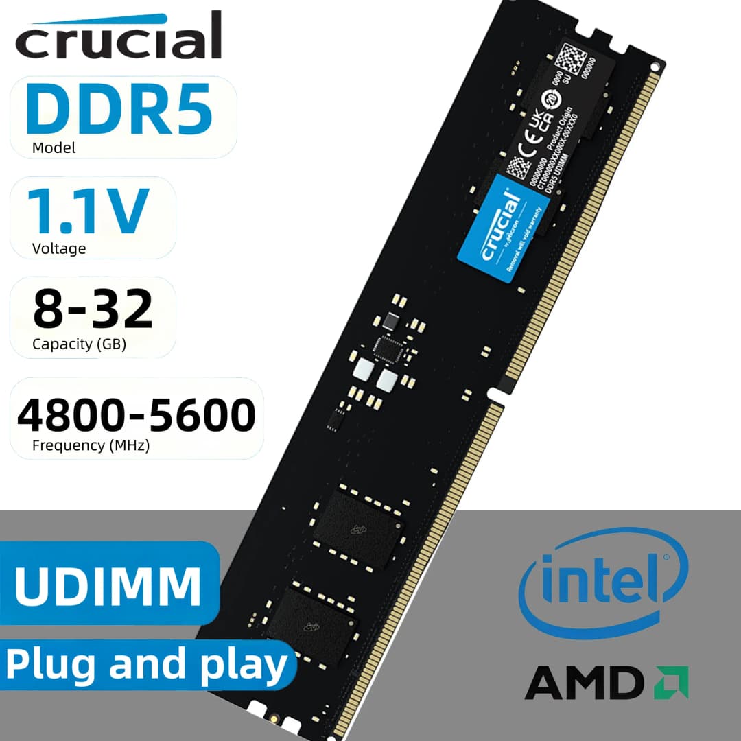 ذاكرة رام كروشيال DDR5 لسطح المكتب 8/16/32 جيجابايت بتردد 4800/5200/5600 ميجاهرتز UDIMM 288-Pin، متوافقة مع معالجات إنتل كور وAMD رايزن