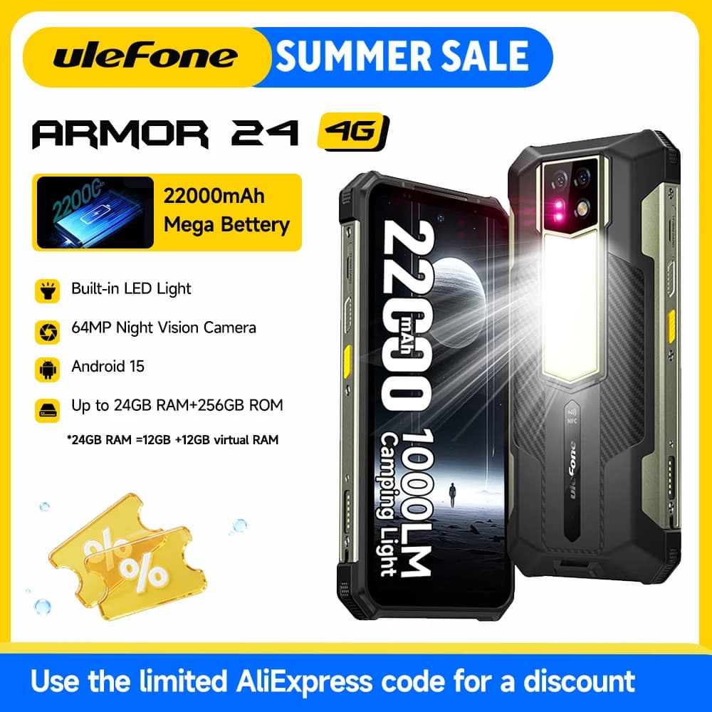 هاتف Ulefone Armor 24 المتين بطارية 22000 مللي أمبير، حتى 24 جيجابايت + 256 جيجابايت، شاشة 6.78 بوصة 120 هرتز، كاميرا 64 ميجابكسل + 64 ميجابكسل، NFC، إضاءة LED، إصدار عالمي