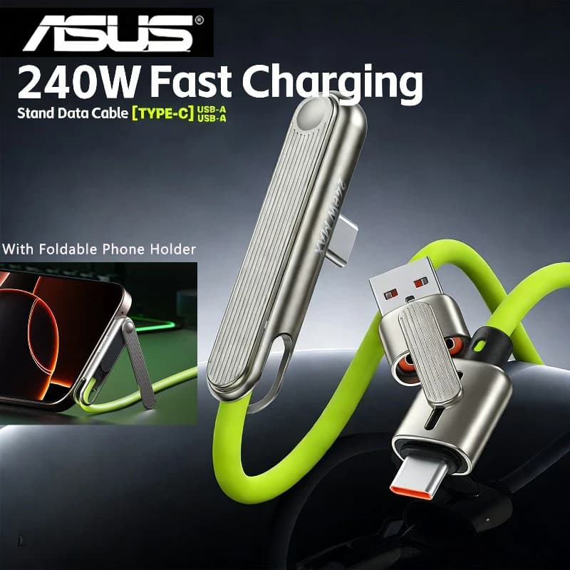 كابل شحن سريع محمول 2 في 1 من ASUS بقوة 240 واط مع حامل قابل للطي للهاتف والجهاز اللوحي USB A/C إلى TypeC مع دعامة قابلة للطي